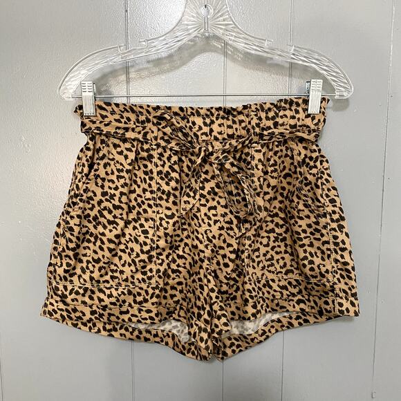 Aerie Tan Leopard Print Camp Paper Waist Lyocell Pull-on Summer Beach Shorts S - Picture 2 of 8
